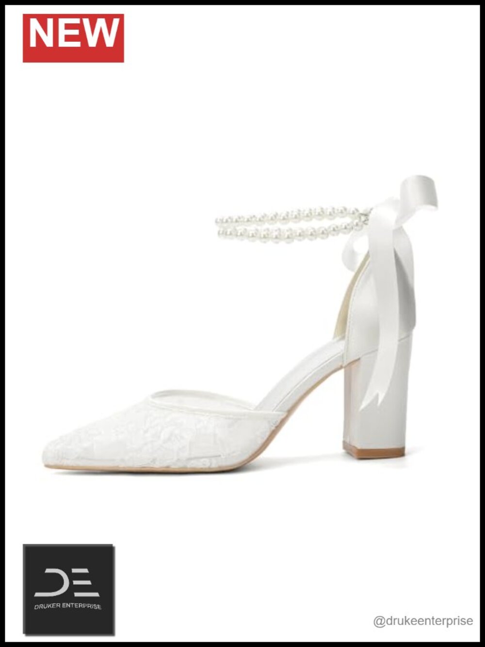 Pearl Lace Wedding Heels for Bride Chunky Block Heels Closed Toe